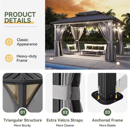 10 Ft. X 14 Ft. Outdoor Black Aluminum Hardtop Gazebo with Galvanized Steel Double Roof, Privacy Curtain, Mosquito Net