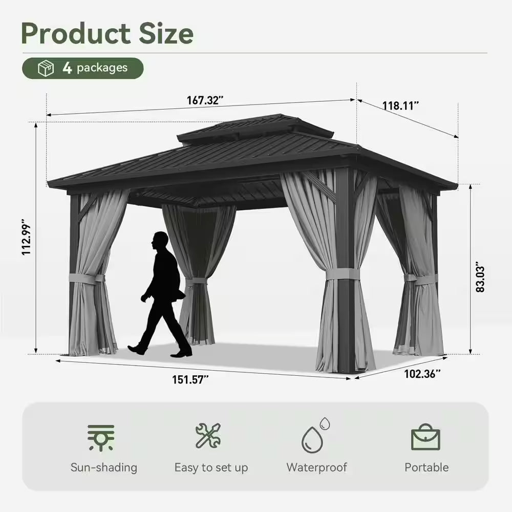 10 Ft. X 14 Ft. Outdoor Black Aluminum Hardtop Gazebo with Galvanized Steel Double Roof, Privacy Curtain, Mosquito Net
