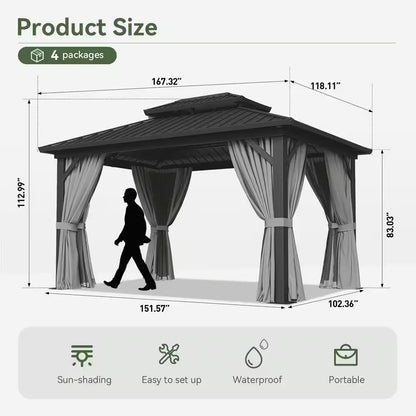 10 Ft. X 14 Ft. Outdoor Black Aluminum Hardtop Gazebo with Galvanized Steel Double Roof, Privacy Curtain, Mosquito Net