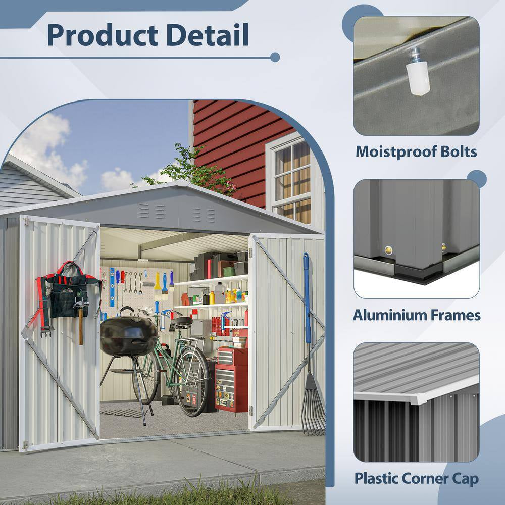10 Ft. X 8 Ft. Grey Outdoor Storage Metal Shed with Lockable Doors, All Weather Tool Shed for Garden, Backyard, Lawn