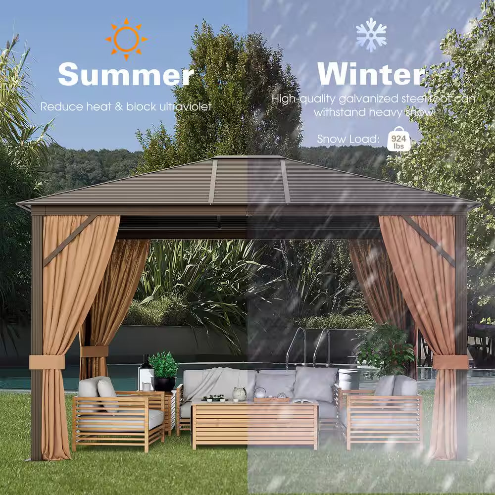 12 Ft. X 10 Ft. Brown Patio Hardtop Gazebo with Galvanized Steel Top Aluminum Frame Outdoor
