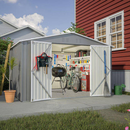 10 Ft. X 8 Ft. Grey Outdoor Storage Metal Shed with Lockable Doors, All Weather Tool Shed for Garden, Backyard, Lawn