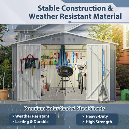 10 Ft. X 8 Ft. Grey Outdoor Storage Metal Shed with Lockable Doors, All Weather Tool Shed for Garden, Backyard, Lawn