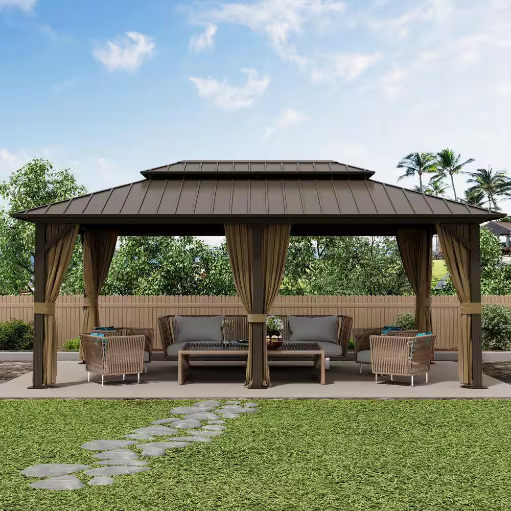 12 Ft. X 20 Ft. Double Galvanized Steel Roof Aluminum Frame Outdoor Patio Hardtop Gazebo with Netting and Curtains