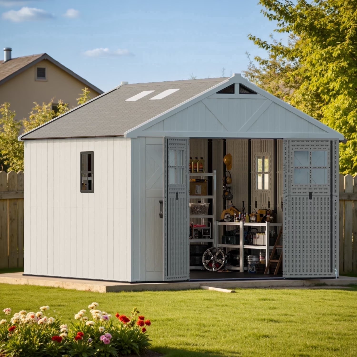 10X10Ft Resin Garden Shed with Skylight & Lock, Weatherproof Outdoor Storage for Tools & Equipment, Beige