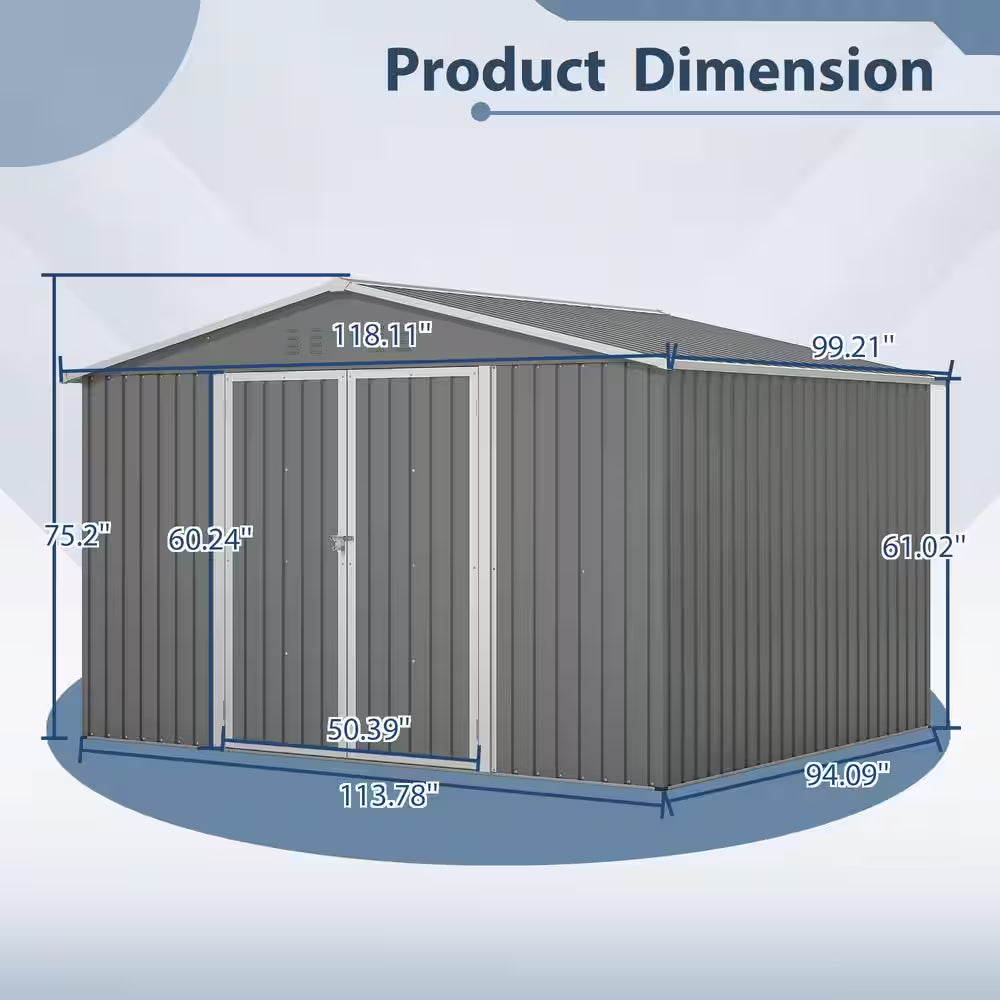 10 Ft. X 8 Ft. Grey Outdoor Storage Metal Shed with Lockable Doors, All Weather Tool Shed for Garden, Backyard, Lawn