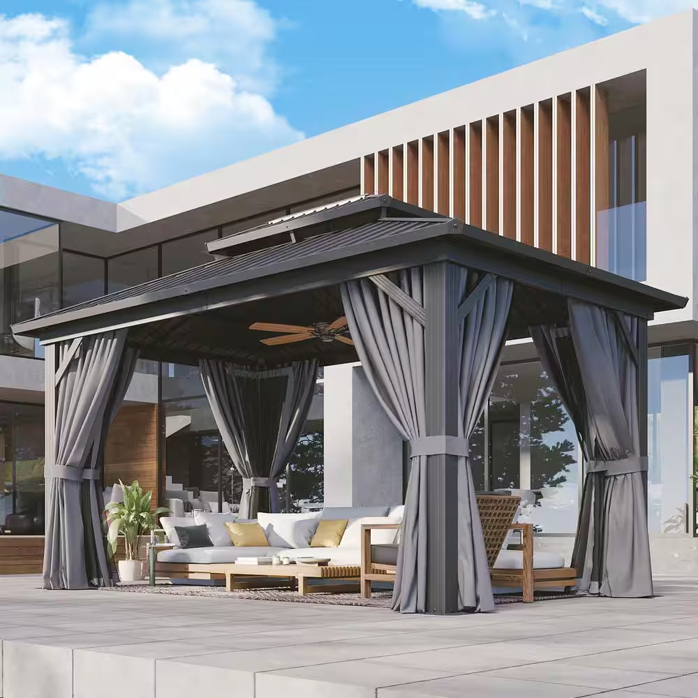 10 Ft. X 14 Ft. Outdoor Black Aluminum Hardtop Gazebo with Galvanized Steel Double Roof, Privacy Curtain, Mosquito Net