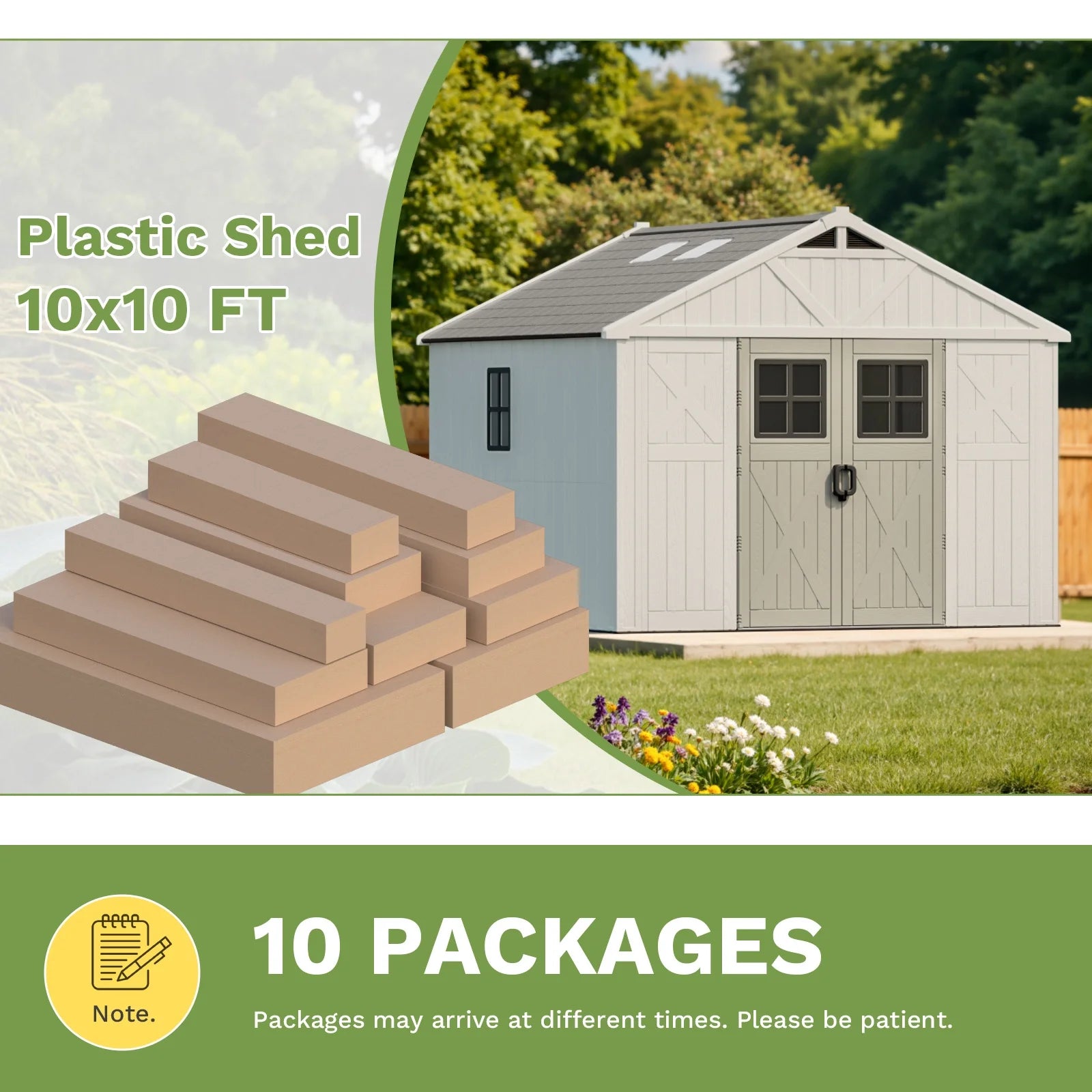 10X10Ft Resin Garden Shed with Skylight & Lock, Weatherproof Outdoor Storage for Tools & Equipment, Beige