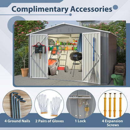 10 Ft. X 8 Ft. Grey Outdoor Storage Metal Shed with Lockable Doors, All Weather Tool Shed for Garden, Backyard, Lawn