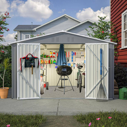 10 Ft. X 8 Ft. Grey Outdoor Storage Metal Shed with Lockable Doors, All Weather Tool Shed for Garden, Backyard, Lawn