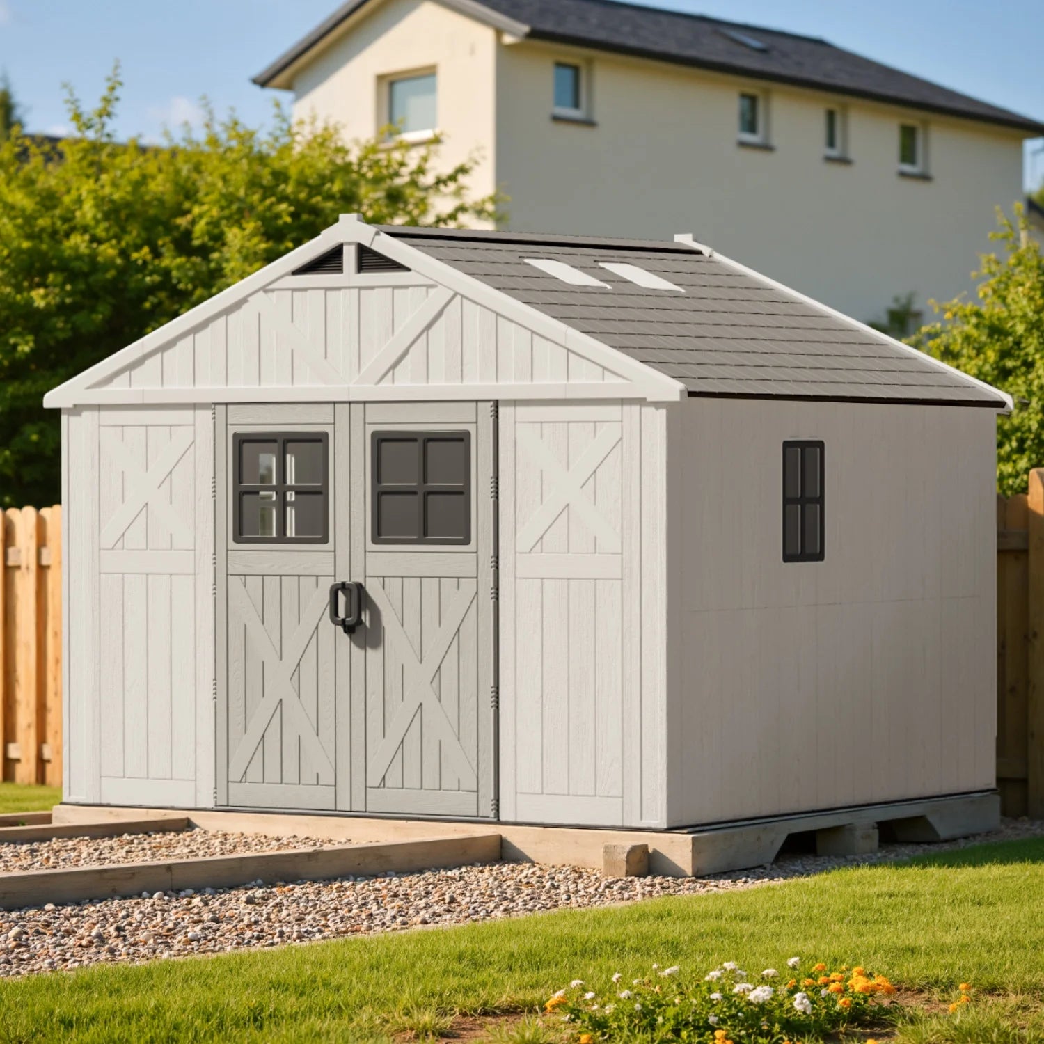 10X10Ft Resin Garden Shed with Skylight & Lock, Weatherproof Outdoor Storage for Tools & Equipment, Beige