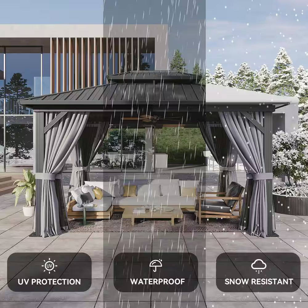 10 Ft. X 14 Ft. Outdoor Black Aluminum Hardtop Gazebo with Galvanized Steel Double Roof, Privacy Curtain, Mosquito Net