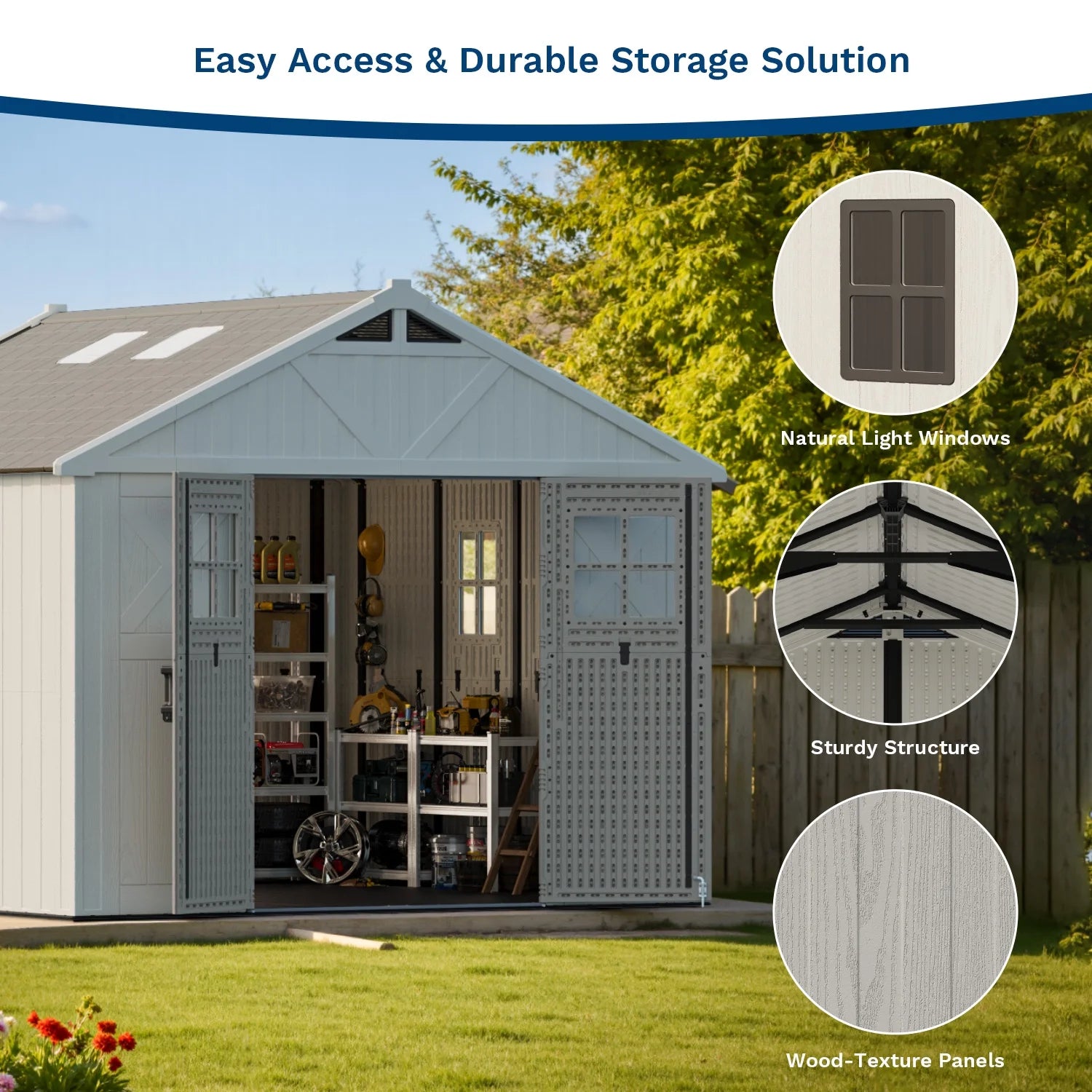 10X10Ft Resin Garden Shed with Skylight & Lock, Weatherproof Outdoor Storage for Tools & Equipment, Beige