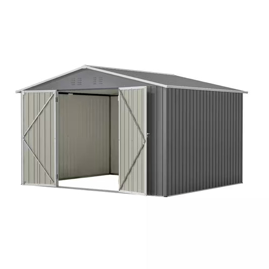 10 Ft. X 8 Ft. Grey Outdoor Storage Metal Shed with Lockable Doors, All Weather Tool Shed for Garden, Backyard, Lawn