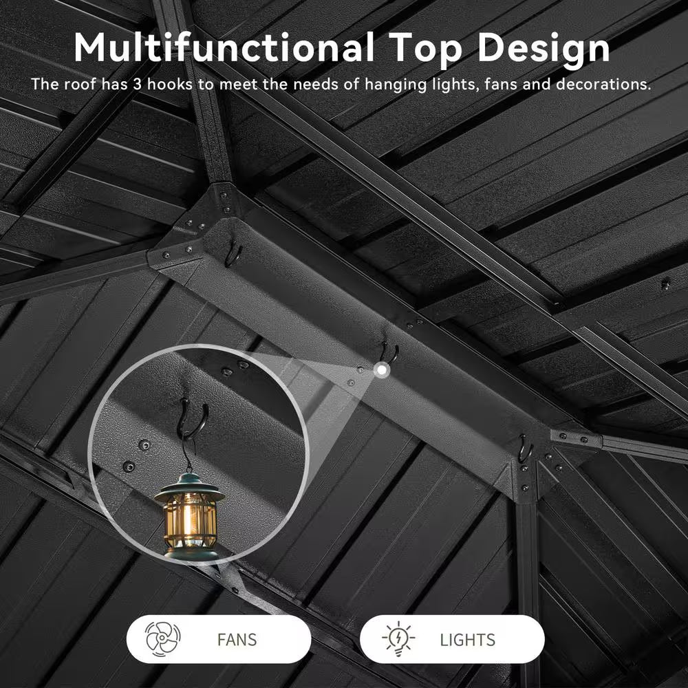 10 Ft. X 14 Ft. Outdoor Black Aluminum Hardtop Gazebo with Galvanized Steel Double Roof, Privacy Curtain, Mosquito Net
