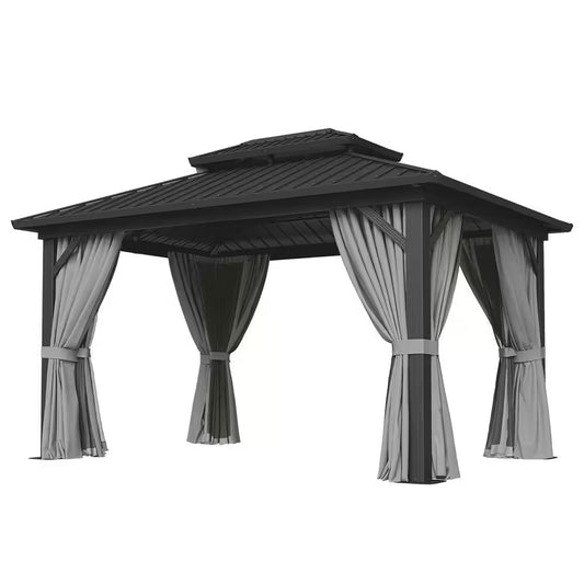 10 Ft. X 14 Ft. Outdoor Black Aluminum Hardtop Gazebo with Galvanized Steel Double Roof, Privacy Curtain, Mosquito Net